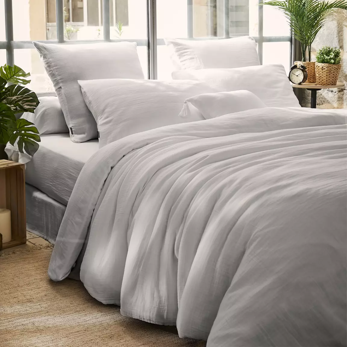 Drap housse gaze de coton (200 x 200 cm) Gaïa Gris nuage