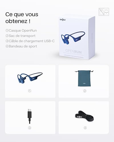 SHOKZ OpenRun Casque à Conduction osseuse, écouteurs Bluetooth Oreilles Libres pour Le Sport avec Micro, Casque sans Fil étanche IP67 8 Heures d’autonomie, USB-C, Bandeau de Sport, Bleu