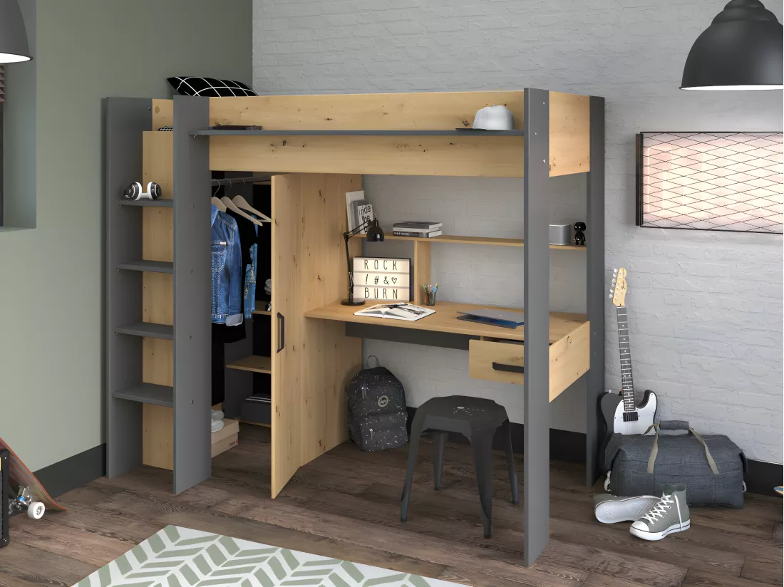 Lit mezzanine avec bureau et armoire - 90 x 200 cm - Coloris : Chêne et anthracite + matelas - AUCKLAND