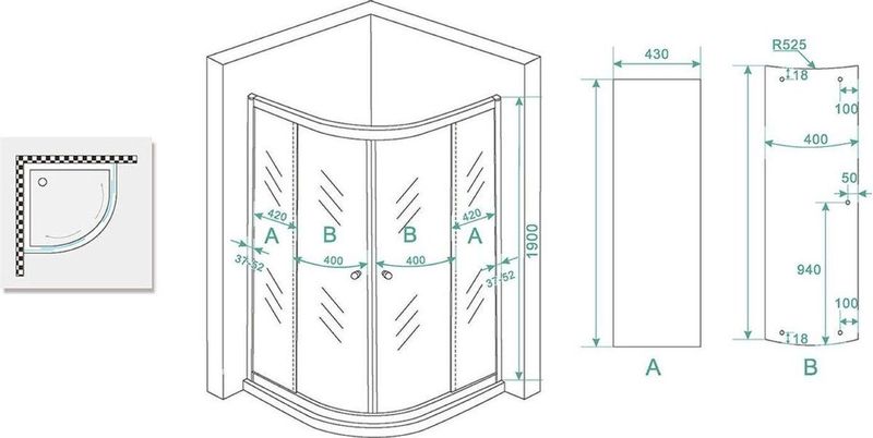 Douchecabine Boss & Wessing Kwartrond 100x100x190 cm 5 Mm Helder Glas Chroom