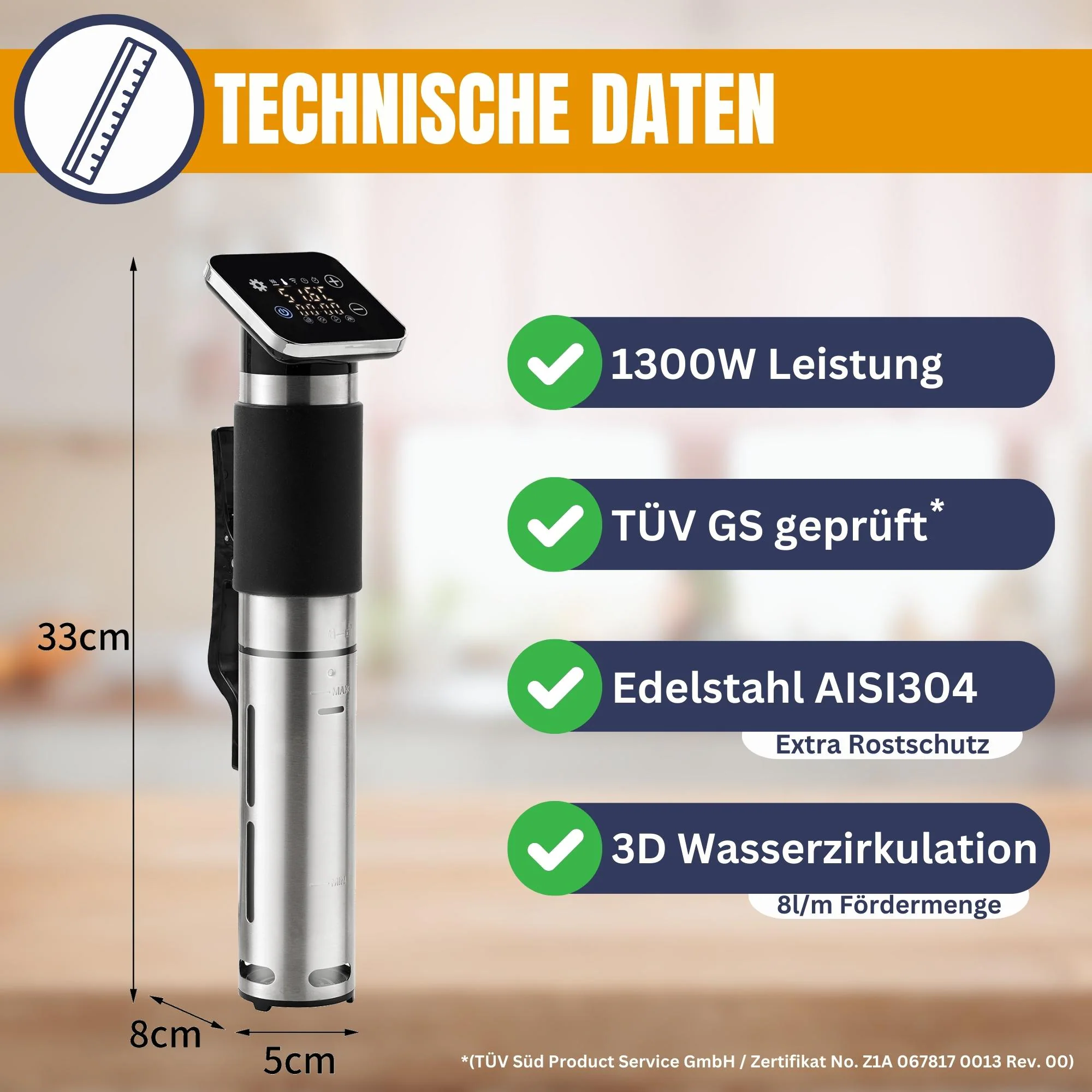 Sommertal TS1300 Sous Vide Stick Garer Stab, WiFi WLAN App Steuerung, Präzisionskocher Temperatureinstellung 0°C bis 90°C, wasserfest IPX7, Timer, Smart Home, 1300W, TÜV GS geprüft