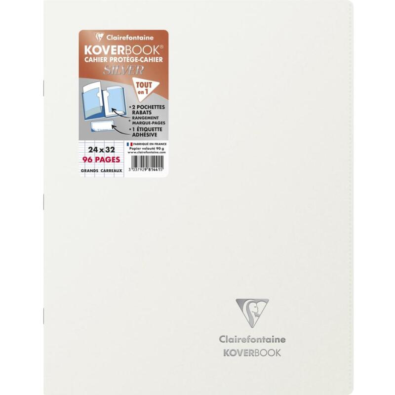 Cahier piqué Koverbook Silver 24x32 cm 96 pages grands carreaux couverture polypropylène opaque - Assortis
