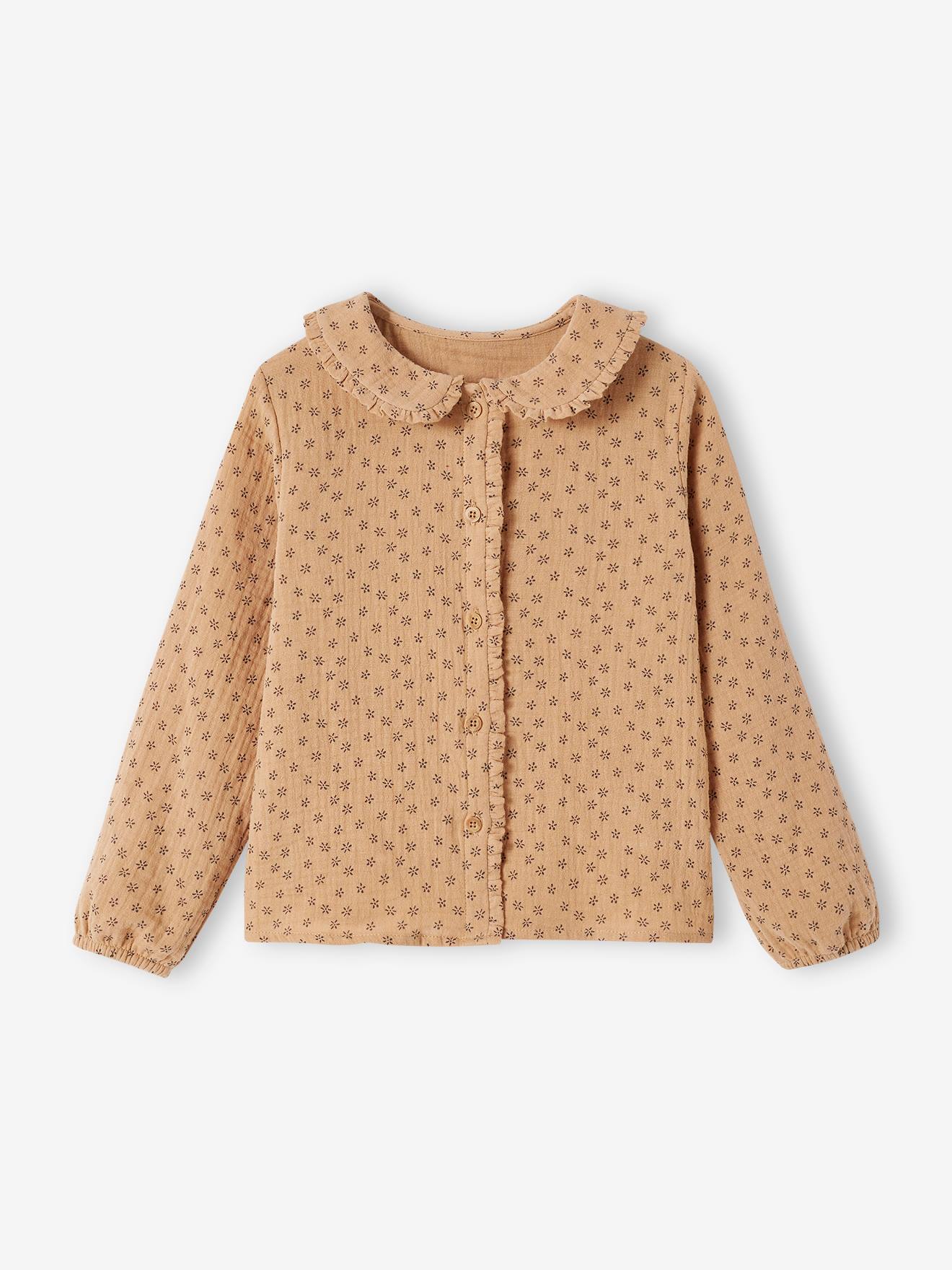 Blusa de chiffon de algodão com detalhes de babados e estampas, para meninas, tamanho médio, estampa branca.