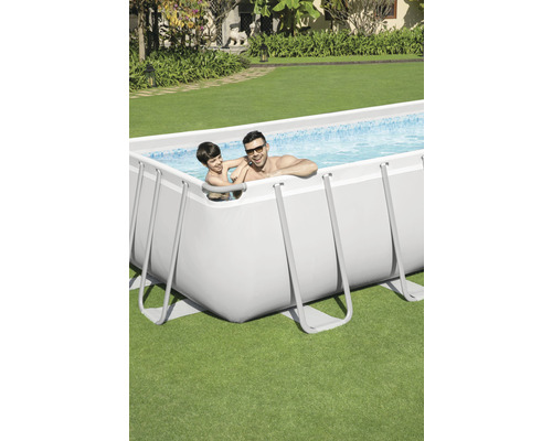 Opbouwzwembadset Bestway Power Steel™ rechthoekig 732x366x132 cm incl. zandfiltersysteem, ladder & afdekking grijs