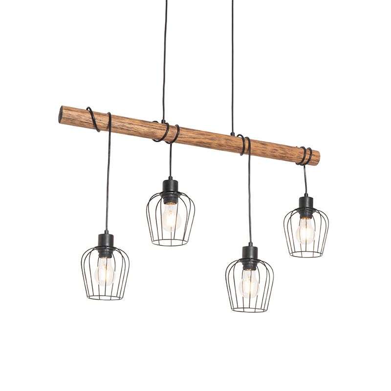 Smart hanglamp zwart met hout incl. 4 Wifi A60 - Stronk