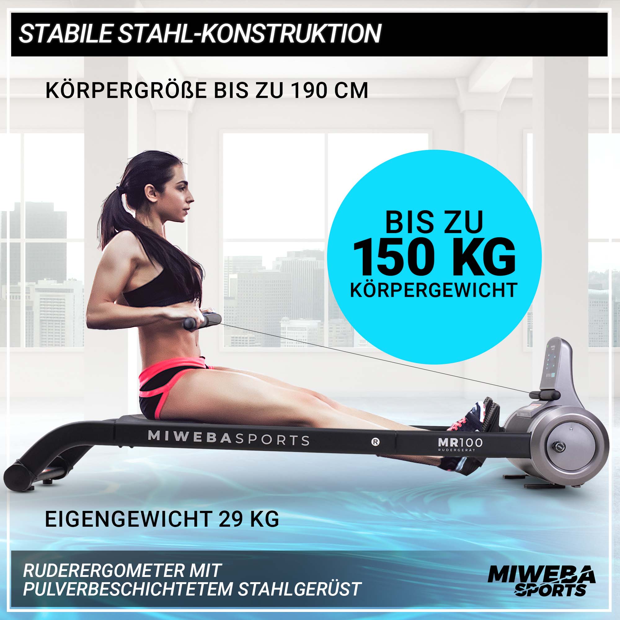 Miweba Sports Rudergerät MR100, Rudermaschine kompakt, Schaumstoff-Sitz, Display, Magnetbremse (Grau)