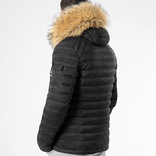 Doudoune Capuche Ultralight Avec Fourrure Noir Beige