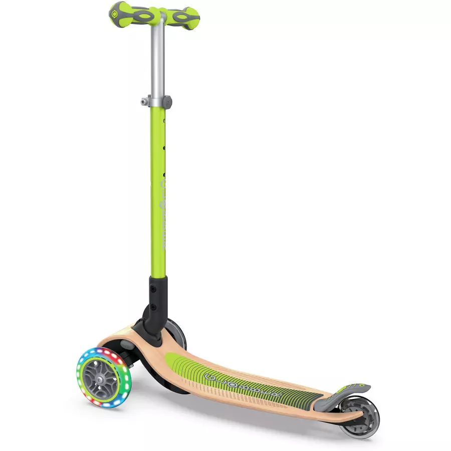 GLOBBER Scooter PRIMO FOLDABLE WOOD LIGHTS lime grün - mit Leuchtrollen und Holzdeck