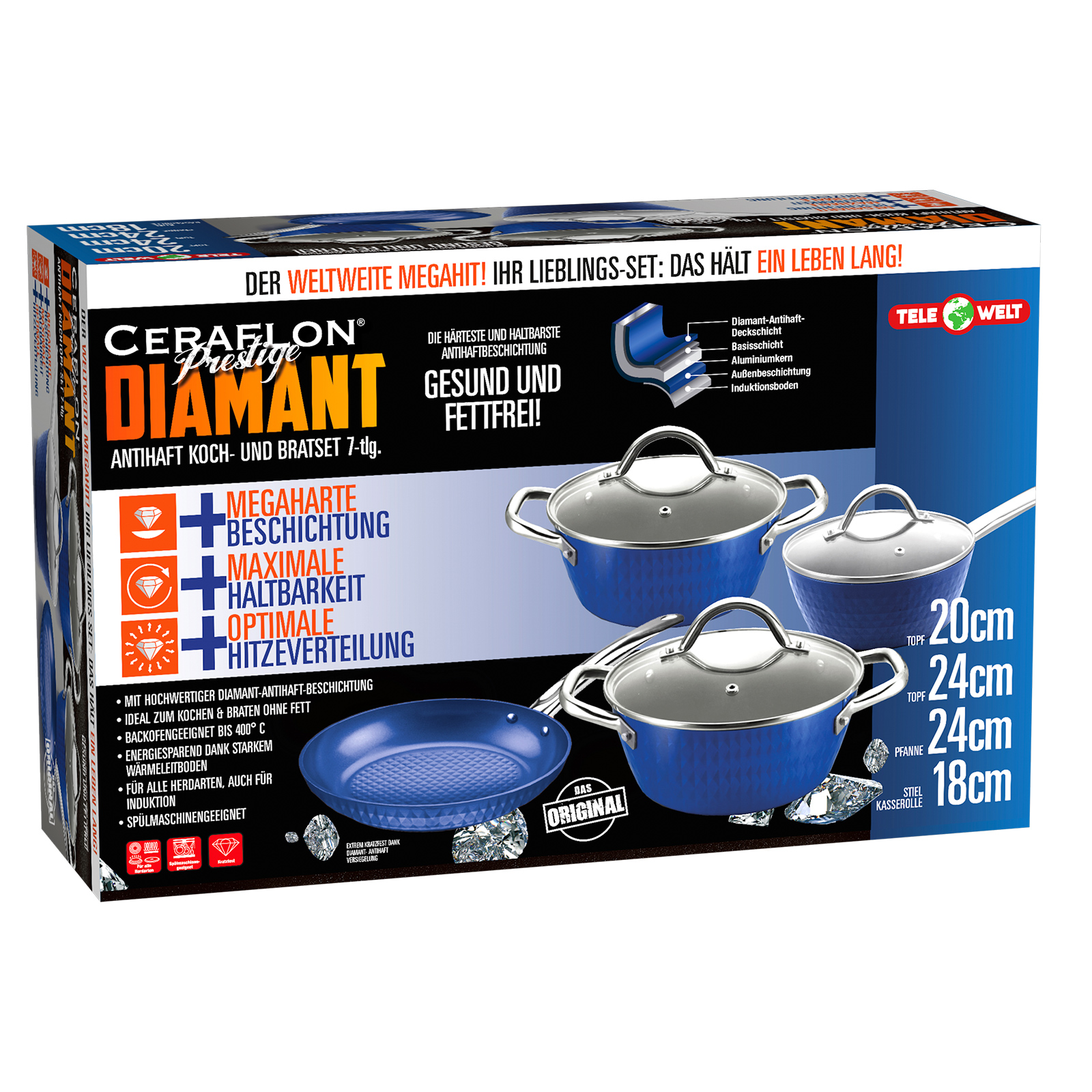7-teiliges Topfset - blau - mit Glasdeckel