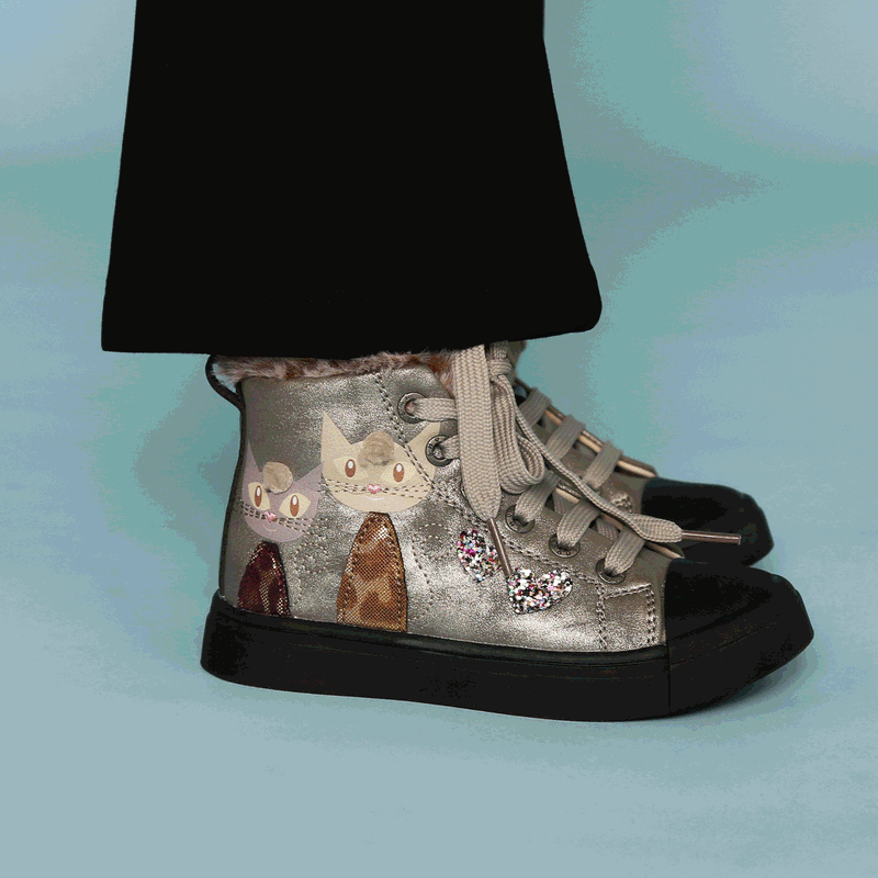 Shoesme zilveren veterboot met katjes Microfiber leer | Sale