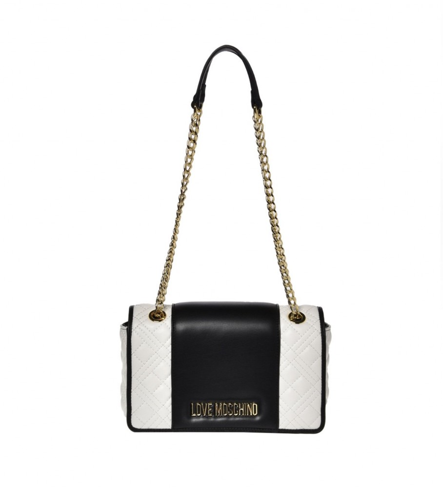 Bolsa Love Moschino bicolor com corrente metálica, preta e branca.