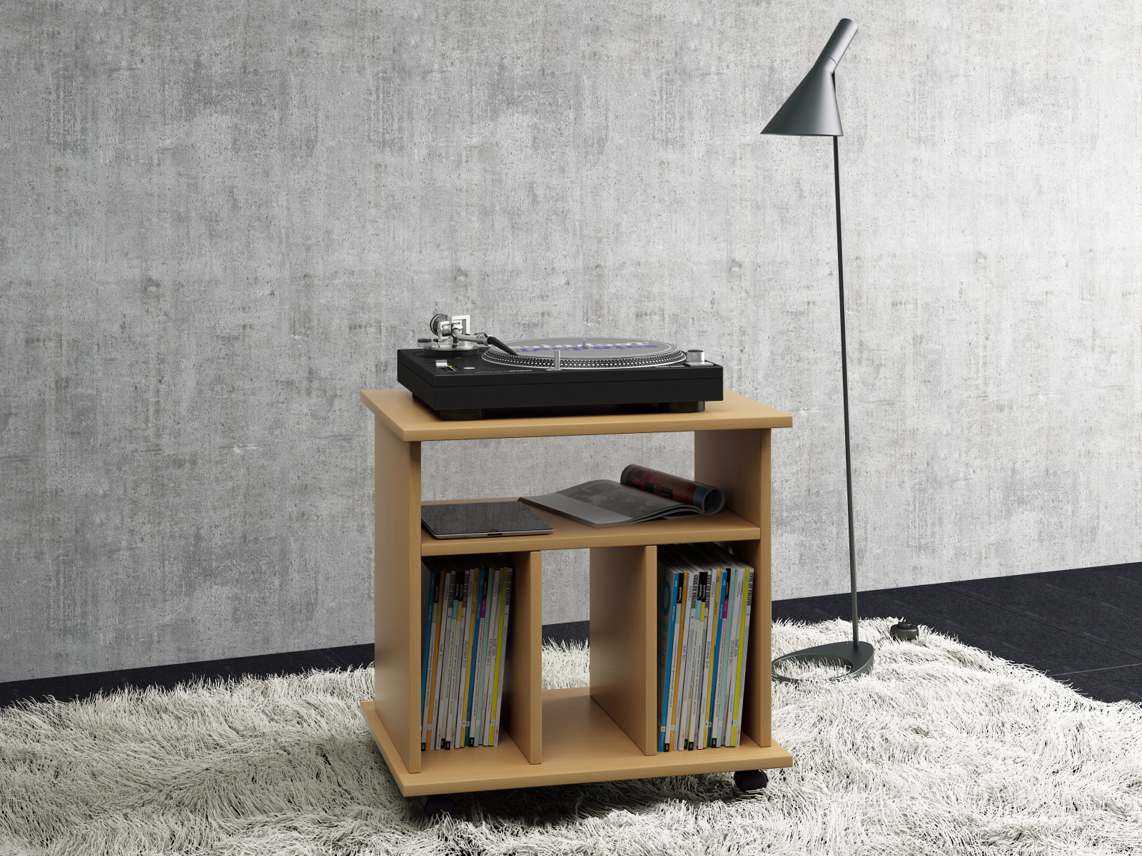 Schallplatten-Regal - Buche - 60 cm breit - auf Rollen