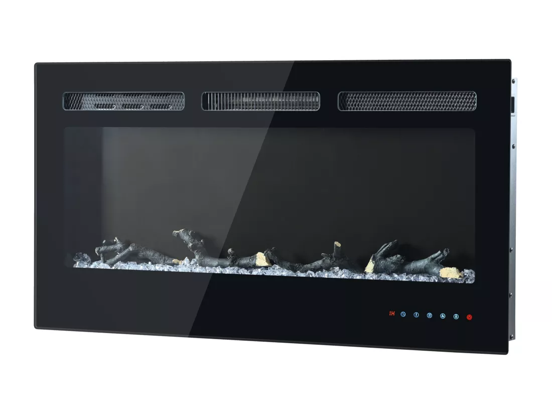 Cheminée électrique mural et encastrable 900/1800W - effet de flamme LED 3D réglable - Minuterie, thermostat, télécommande/écran tactile - Noir