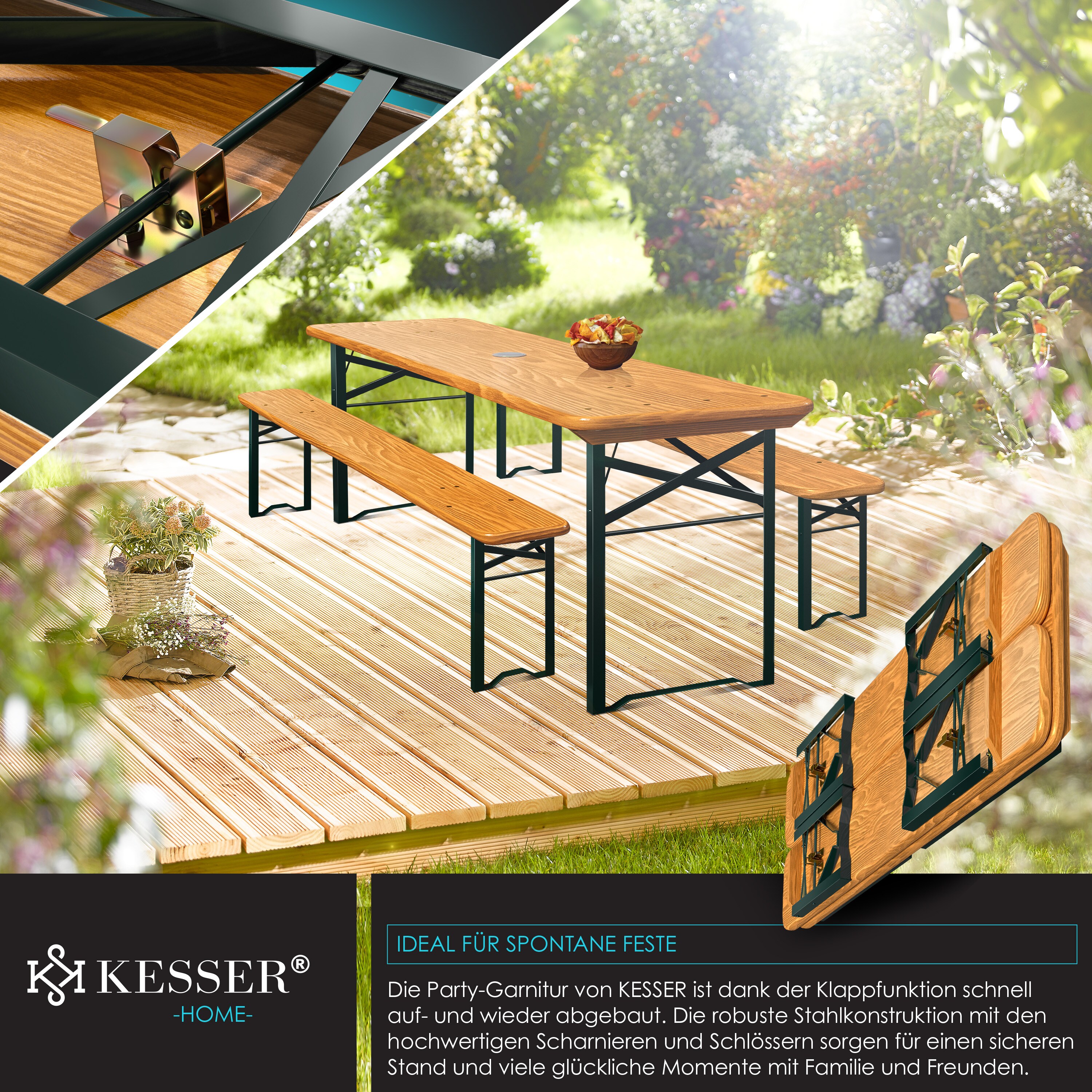 KESSER® Bierzeltgarnitur 3 teilig Gartenmöbel-Set | Klappbar 170 x 46 x 75cm | 2X Bierbänke 1x Biertisch | Festzeltgarnitur Biertisch Stehtisch Sitzgarnitur Holz 12-teiliges Bodenschoner-Set