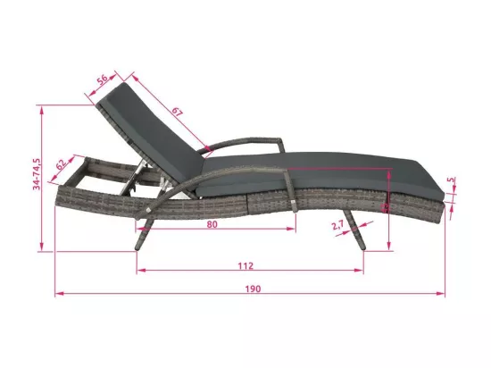 Bain de soleil transat grise 190 x 62 x 74.5 cm 2208056
