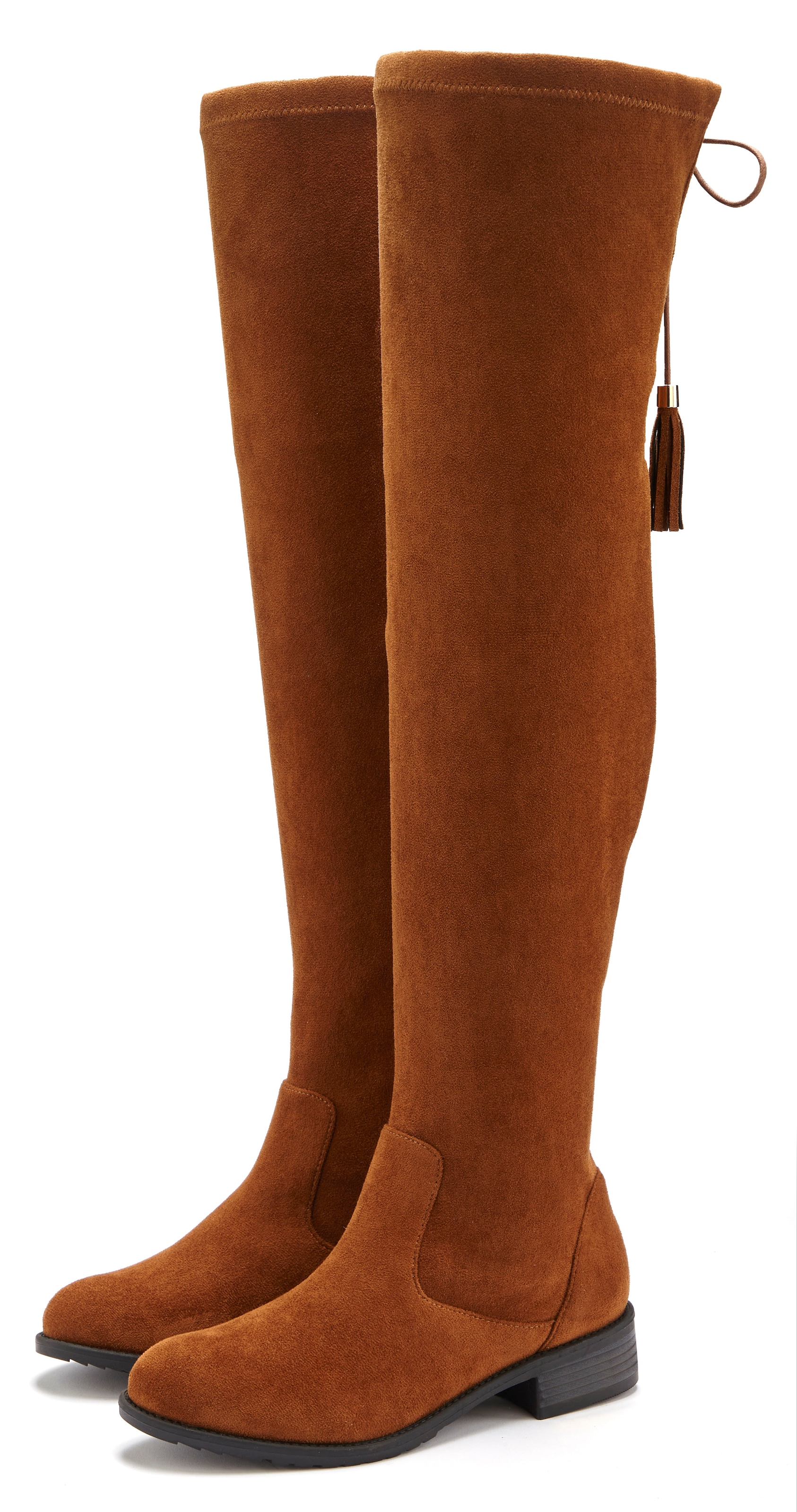 LASCANA Overkneestiefel »Stiefel, Langschaftstiefel«  mit elastischem Weitschaft und raffiniertem Flechtdetail
