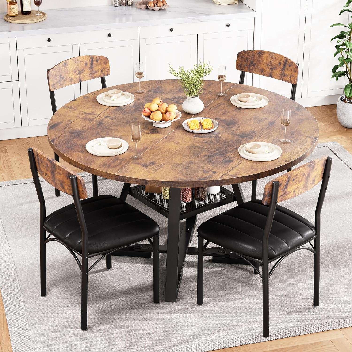 Runder Esstisch und 4 Esszimmerstühle Set, Essgruppe 5-Teilig, Esszimmertisch mit Ablage und 4 stühle, platzsparender Küchentisch aus Holz im Industrial Design (Vintage Braun, 107x107x76cm)