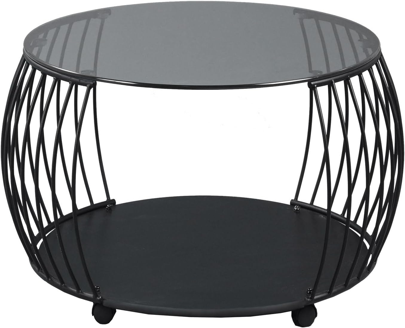 Couchtisch mit Rollen und Zwischenablage - Glasplatte - MDF - Metallgestell - Grau - Schwarz - Ø 60 x 45 cm - Wohnzimmertisch Sofatisch