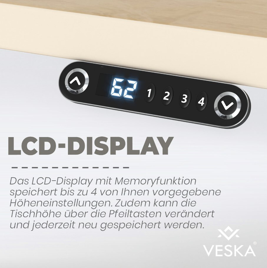 VESKA Höhenverstellbarer Schreibtisch (140 x 70 cm) - Sitz- & Stehpult - Bürotisch Elektrisch Höhenverstellbar mit Touchscreen & Stahlfüßen - Anthrazit/Antik