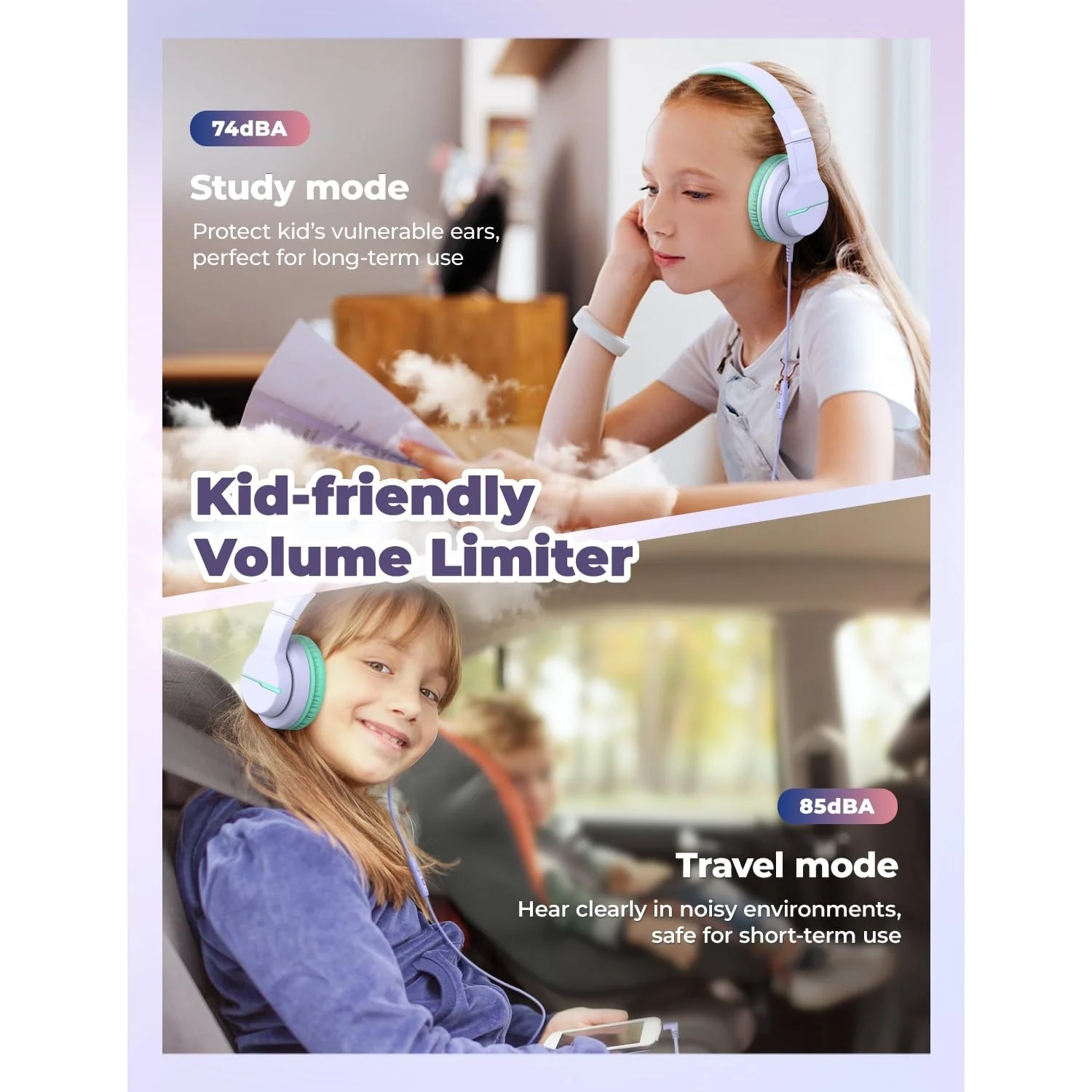 BTH12 Headphone Kids LED Kopfhörer 3.5mm Klinke Over-Ear 74/85dB Lautstärkeeinstellungen (C01-1702N-23) - Violett / Türkis