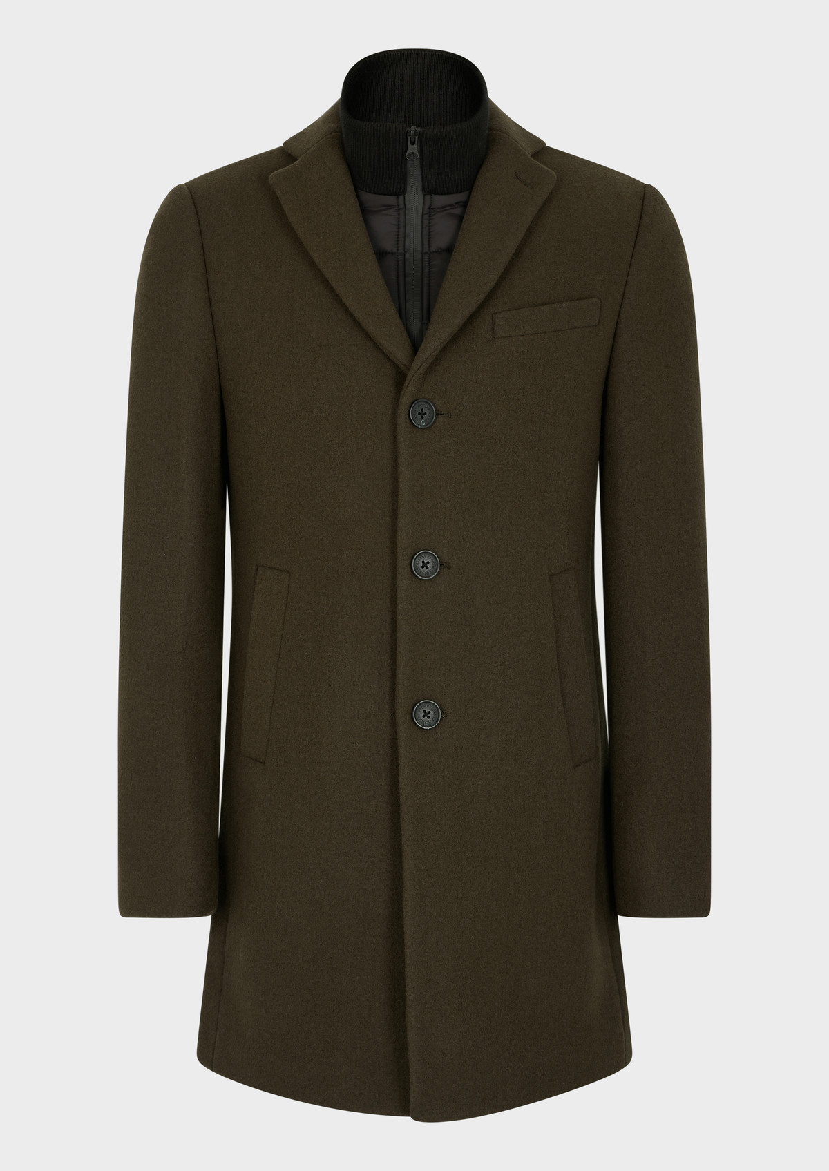 Manteau en laine mélangée unie kaki à parementure amovible