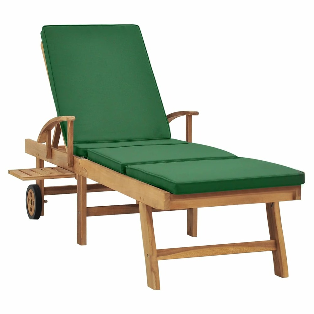 Transat chaise longue bain de soleil lit de jardin terrasse meuble d'extérieur avec coussin bois de teck solide vert 02_00124