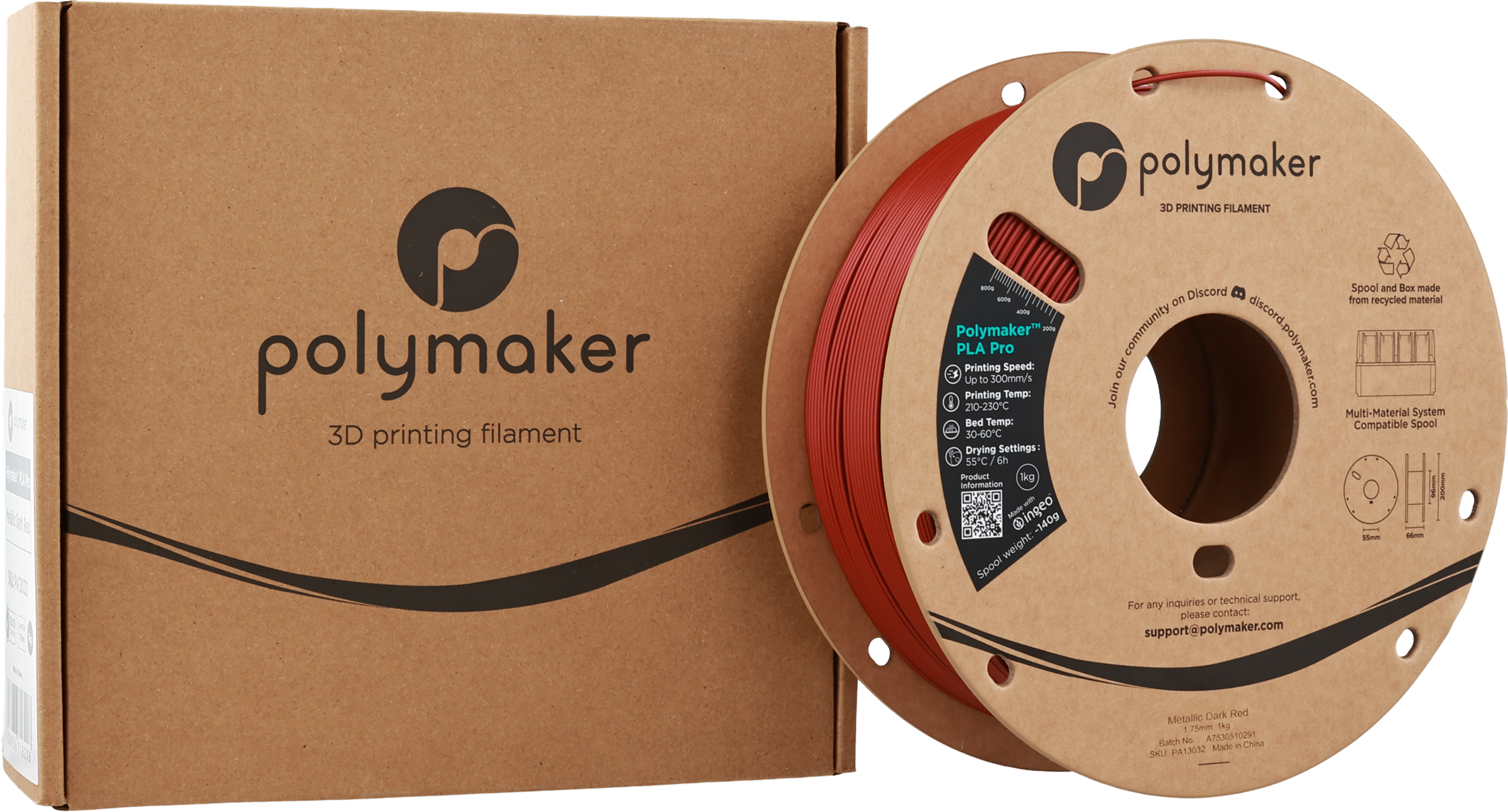 Polymaker  PLA Pro Metallic Dark Red, 1,75 mm / 1000 g    Neue, verbesserte Formulierung: Hochleistungs-High Speed-PLA in Metallic Dark Red
