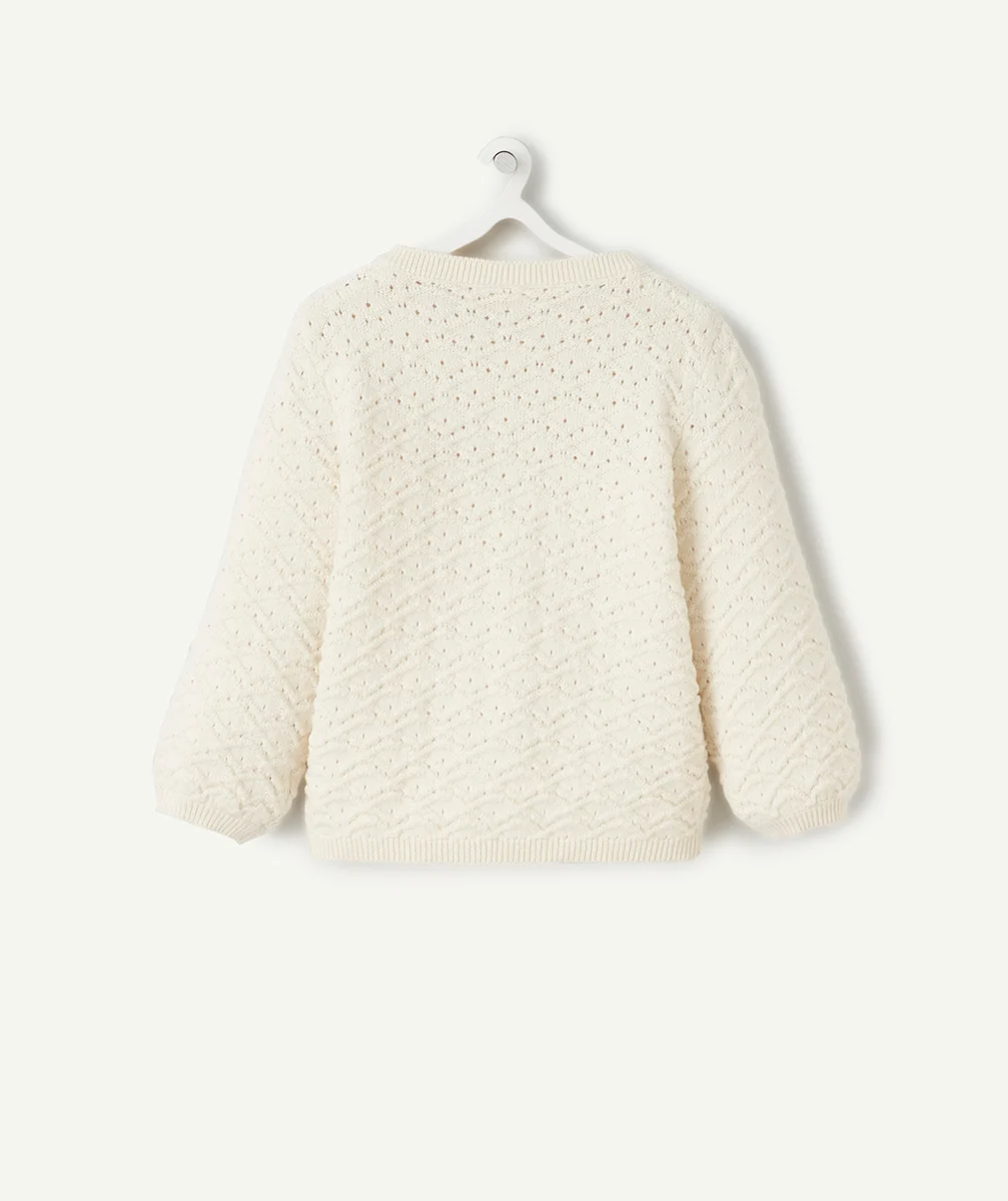 GILET BÉBÉ FILLE EN COTON ÉCRU ET EN MAILLE TORSADÉE