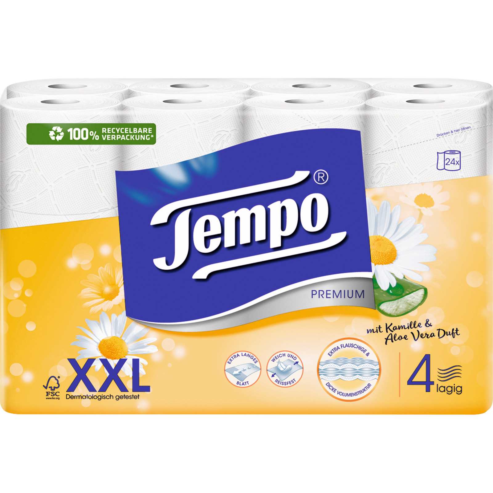 Tempo Toilettenpapier mit Kamille & Aloe Vera Duft 4-lagig XXL Pack 24 Rollen