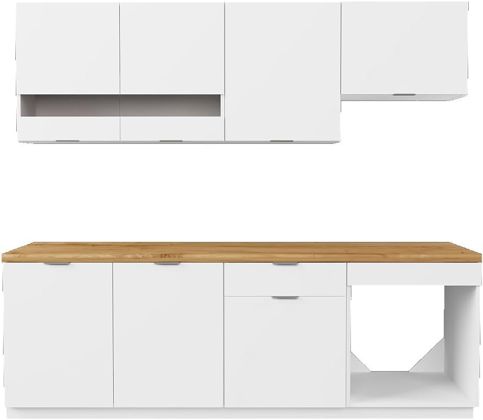 Vente-unique-Küchenzeile - Mit Arbeitsplatte 200 cm - Weiß & Holzfarben - CARMEO