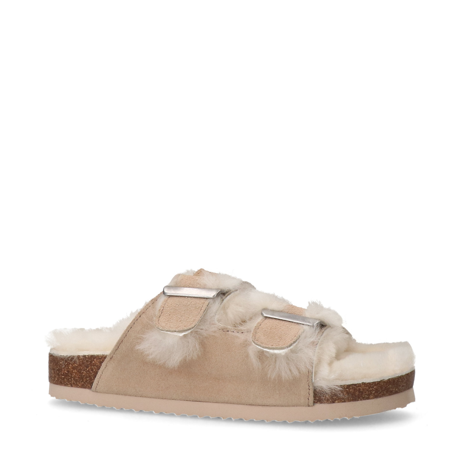 Beige suède slippers met bontvoering