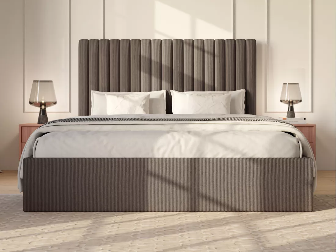 Lit coffre 160 x 200 cm avec tête de lit coutures verticales - Velours côtelé - Taupe - SARAH