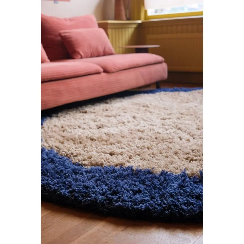 Interieur05 rond hoogpolig vloerkleed polyester Pilo beige/blauw - 160 x 160 cm