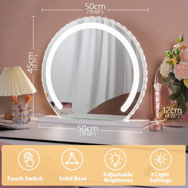 VANITII Rund Hollywood Makeup Spejl Med Indbygget LED-belysning Krystal-inspireret Ramme 50 x 45 cm