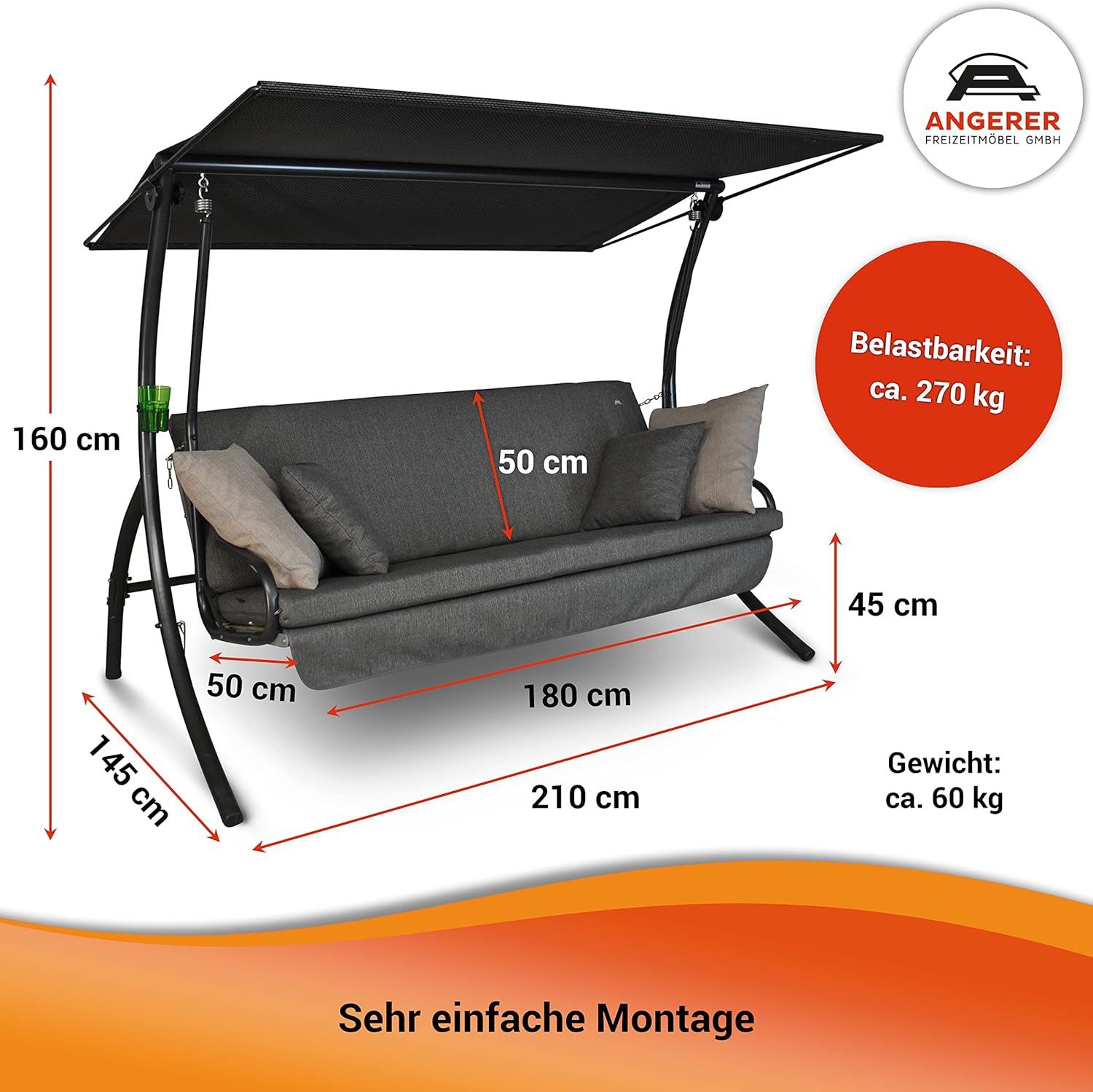 Angerer Hollywoodschaukel Drift Smart – Schaukel zum Sitzen, Liegen & Entspannen, inkl. Bett-Funktion, einfache Montage, Made in Germany, hochwertiger Stoff, Olive