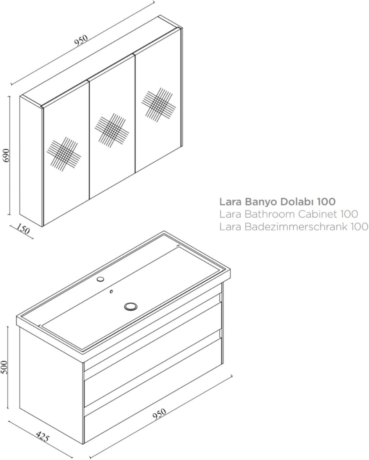 Badezimmermöbel Set Lara 100 Anthrazit | Keramikwaschbecken | Unterschrank | Spiegelschrank | Softclose-Schubladen & -Türen & unsichtbare Griffe | Moderner Stil | Badmöbel Waschtisch