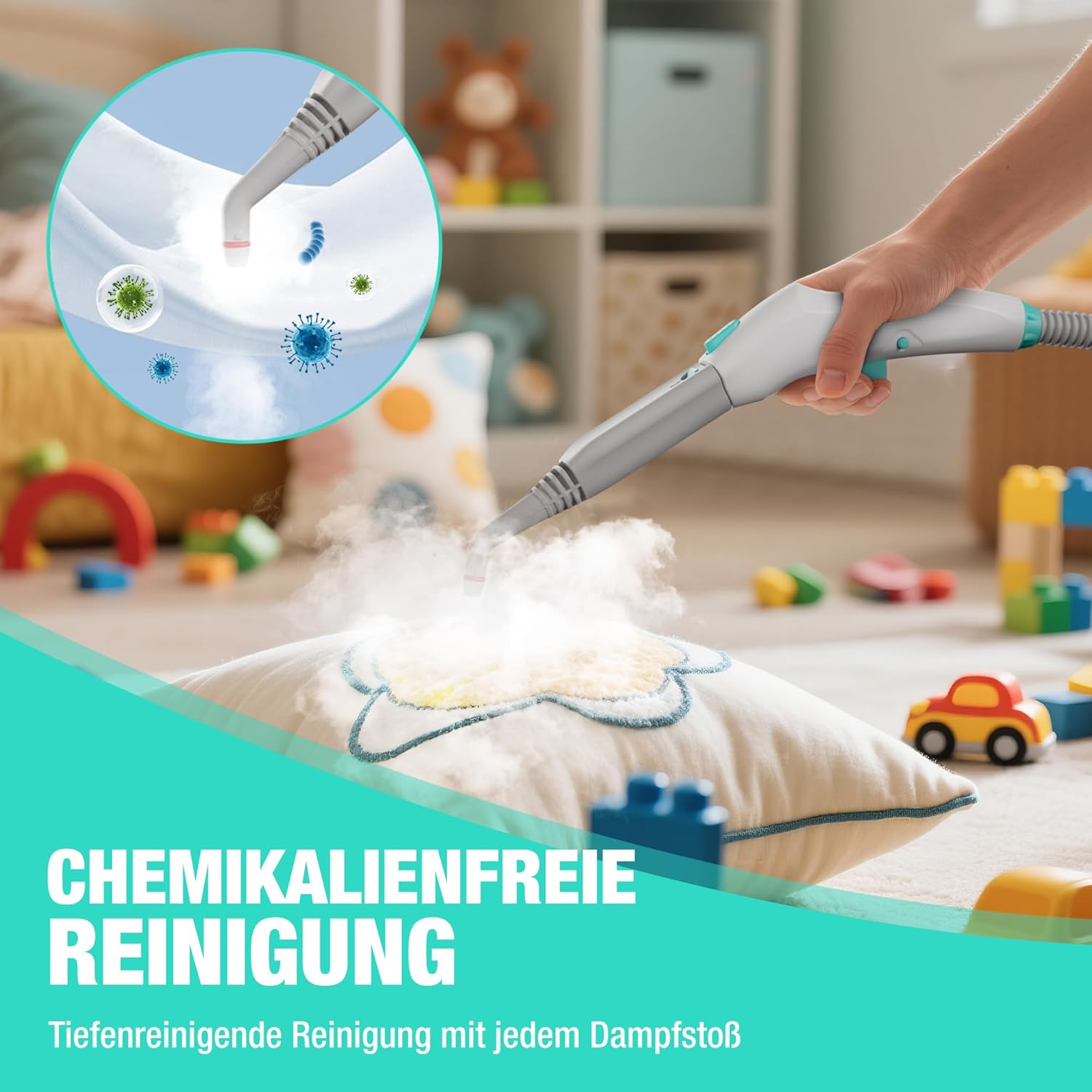 HAUSHOF Dampfreiniger 2000W, mit 1,5L Tank, max. 4,0 bar Dampfdruck, Aufheizzeit 8 Min, Dampfzeit bis zu 30 Min, inkl. 16 Zubehör & 3m Netzkabel, für Boden, Teppich, Fenster & Küche, Weiß-Grün