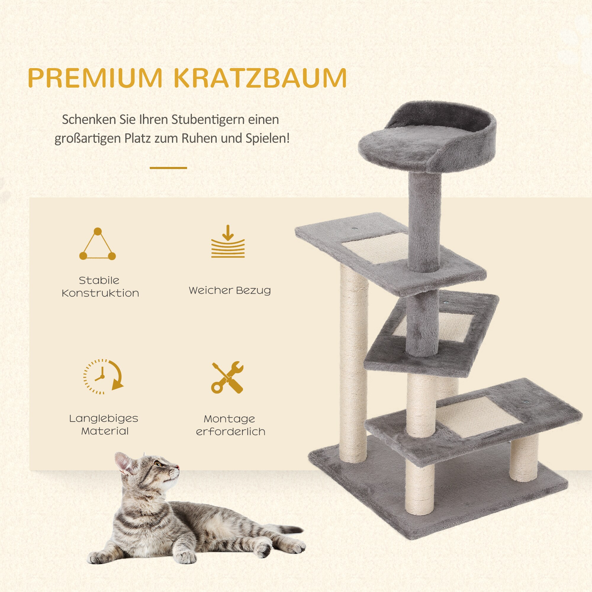 PawHut Kletterbaum mit 5 Ebenen beige, grau 48 x 48 x 101 cm (LxBxH)