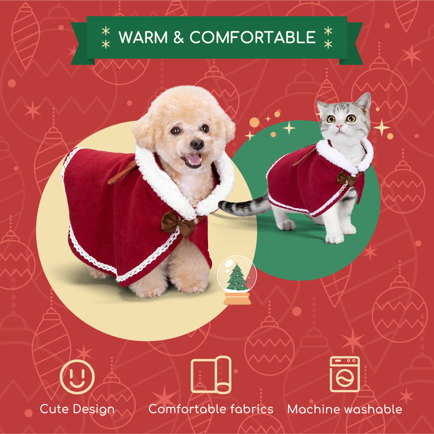 Roupa de Natal Nobleza para Cães, Conjunto Natalino para Cães, Capa e Chapéu de Natal Fofos para Cães, Ideal para Natal, Festas e Aniversários. Tamanho G - 45 cm