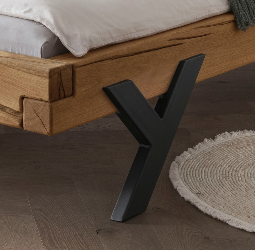 Home affaire Massivholzbett »Ultima Balkenbett Doppelbett, Füsse aus Metall in Y-Form« hohe Belastbarkeit: 200kg je Seite,  FSC®-zertifizierte Wildeiche oder Fichte, viele Breiten zur Auswahl