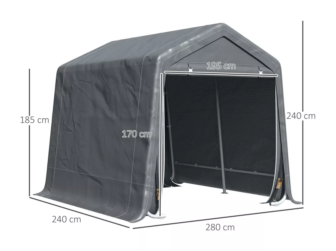 Abri de jardin - tente de stockage - abri de vélo - 2 portes zippées - dim. 280L x 240l x 240H cm - métal PE gris