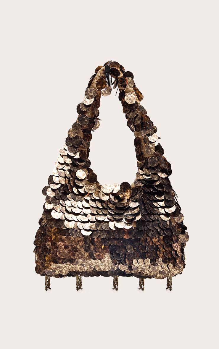 Bronze Mini Sac À Main À Sequins Et Pompons