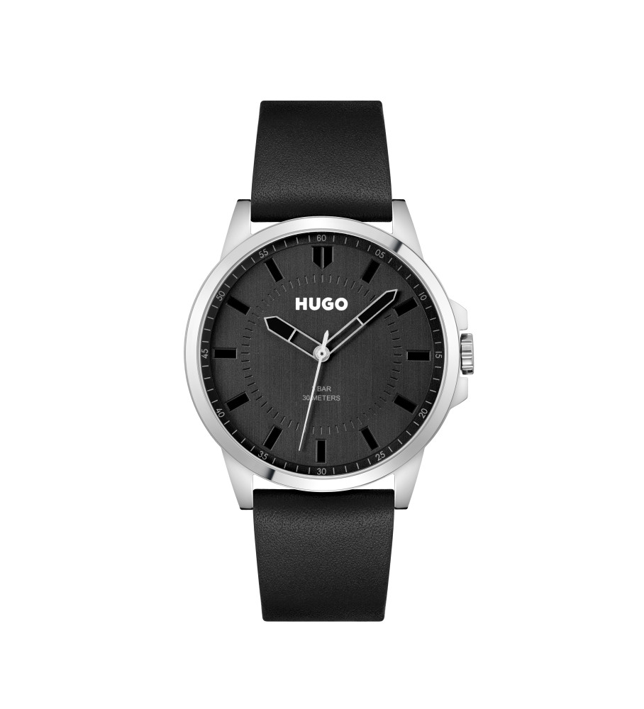 Relógio analógico HUGO First com pulseira de couro, preto