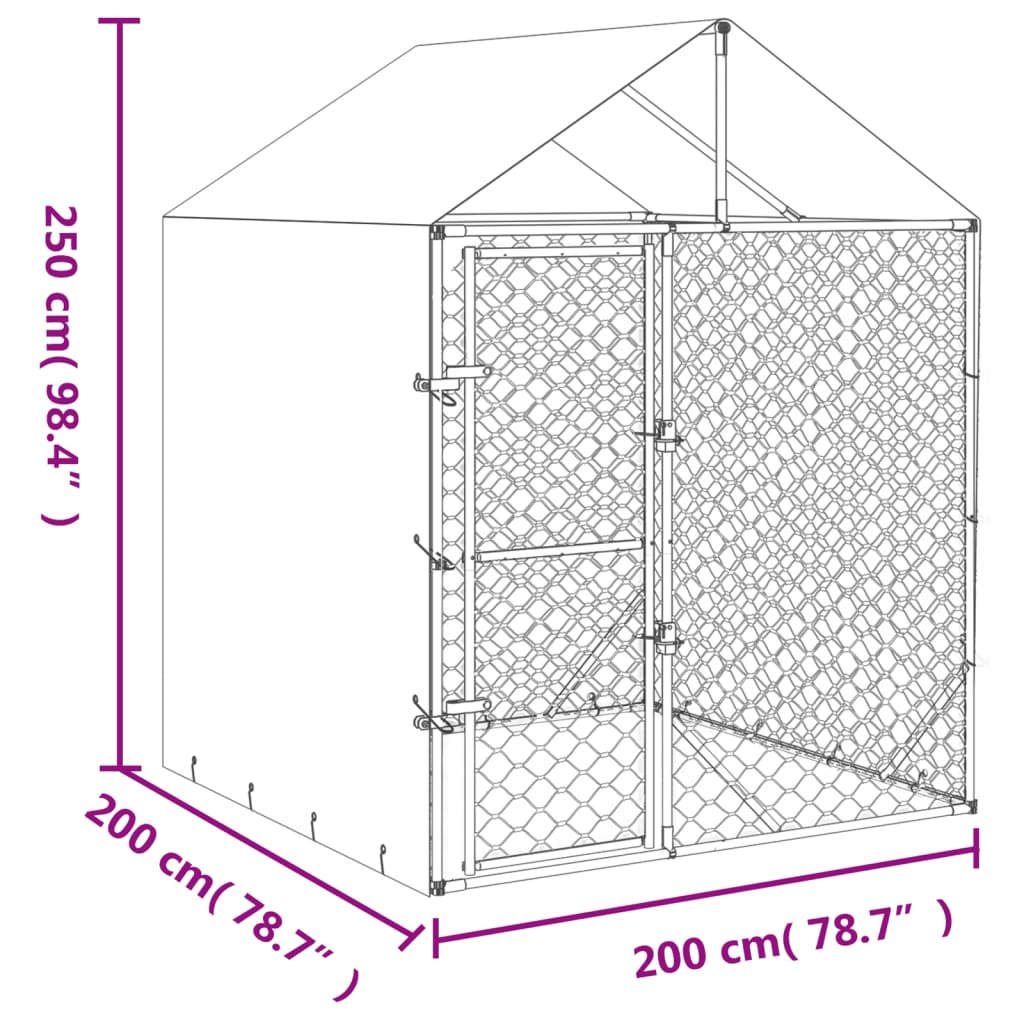 Canil externo para cães vidaXL com cobertura, aço galvanizado, prata, 2x10x2,5m