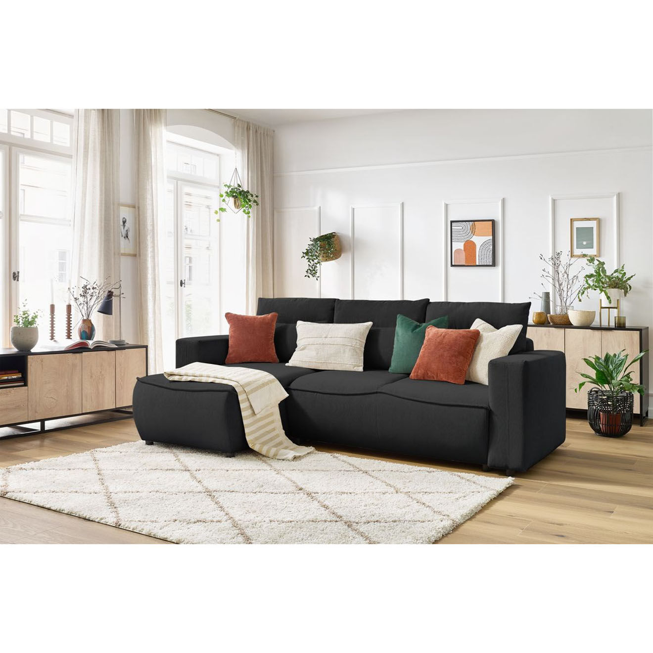 Bobochic Canapé d'angle gauche convertible coffre jasmin velours côtelé gris foncé - 256x158x90 cm