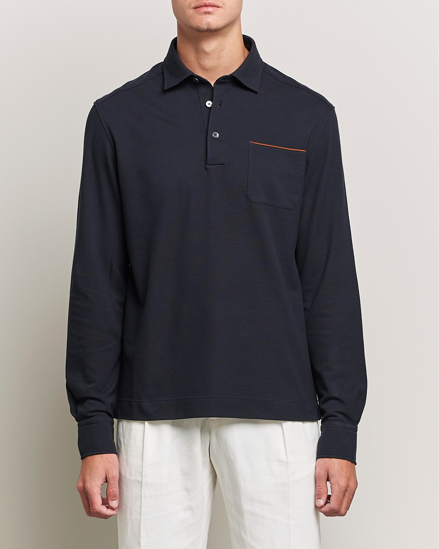Zegna Long Sleeve Cotton Piquet Polo Navy