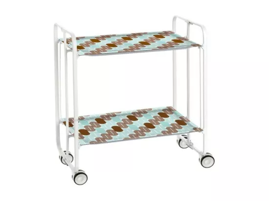 Chariot pliant à roulettes, desserte - Structure métallique blanche, 2 niveaux en stratifié motif Ovales, Turquoise et marron - 72*66*43 cm - BAUHAUS