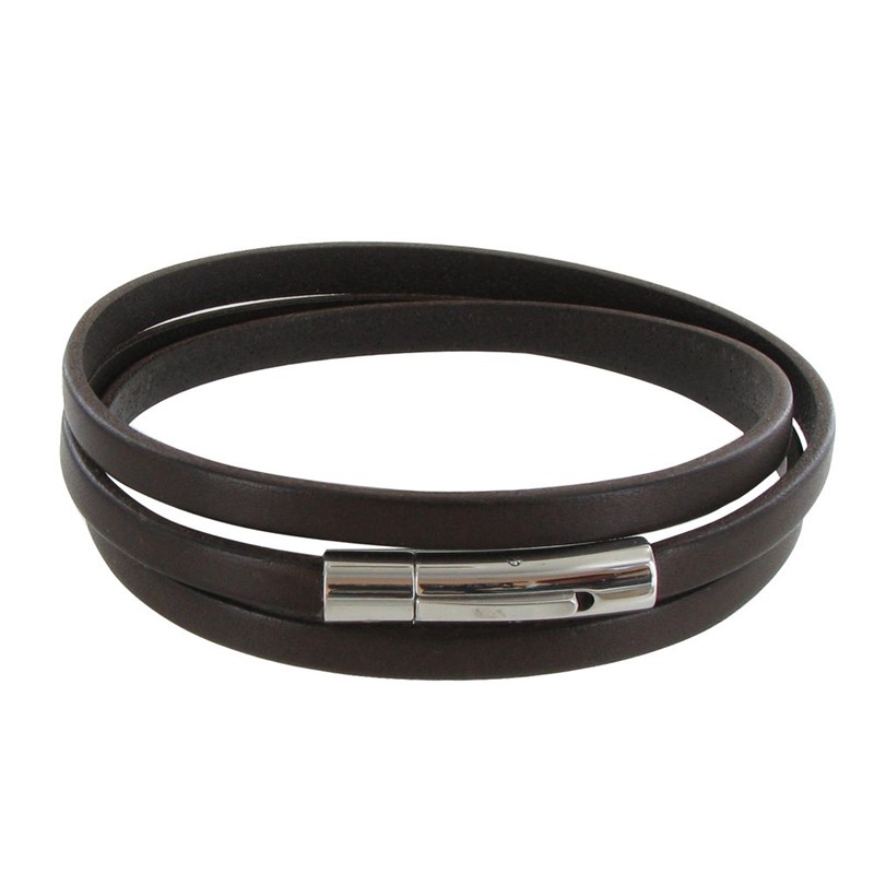Bracelet Homme Cuir Marron Foncé Plat Fermoir Acier Inoxydable - taille 19 cm
