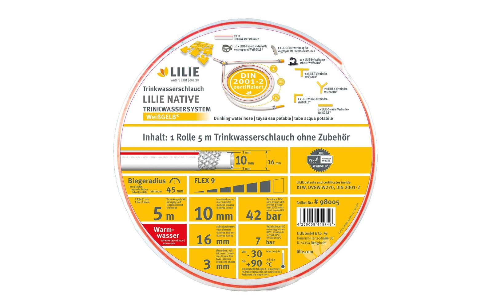 Lilie native 10m Rolle Trinkwasserschlauch 10x16mm  - kalt