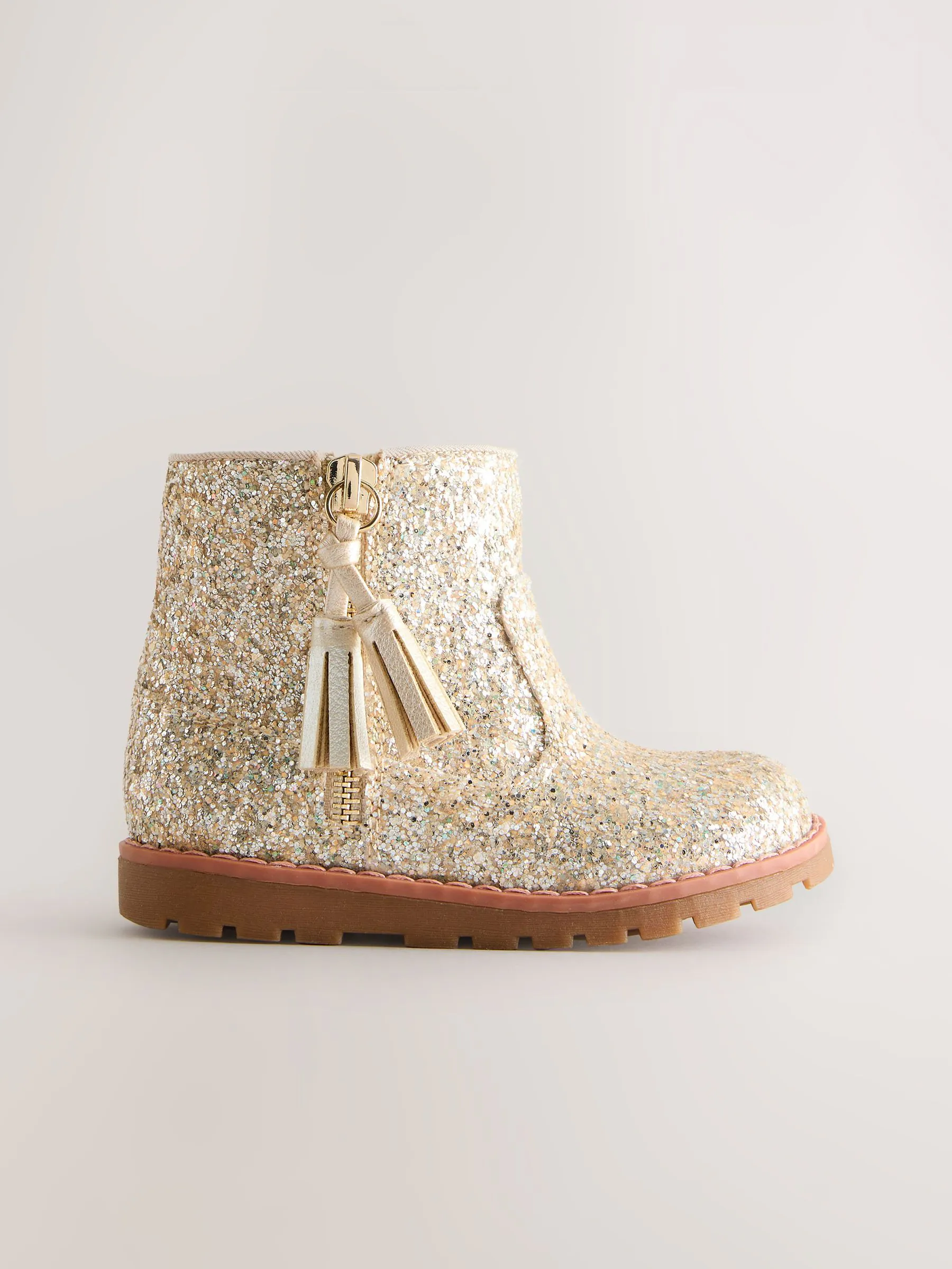 Goud glitter - Chelsea enkellaarsjes met rits en kwastjes
